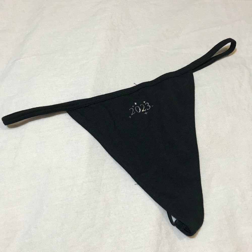 FREE Victorias Secret NWOT 2023 Year Black Panties Silver Metallic Text V-string